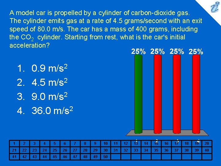 A model car is propelled by a cylinder of carbon-dioxide gas. The cylinder emits