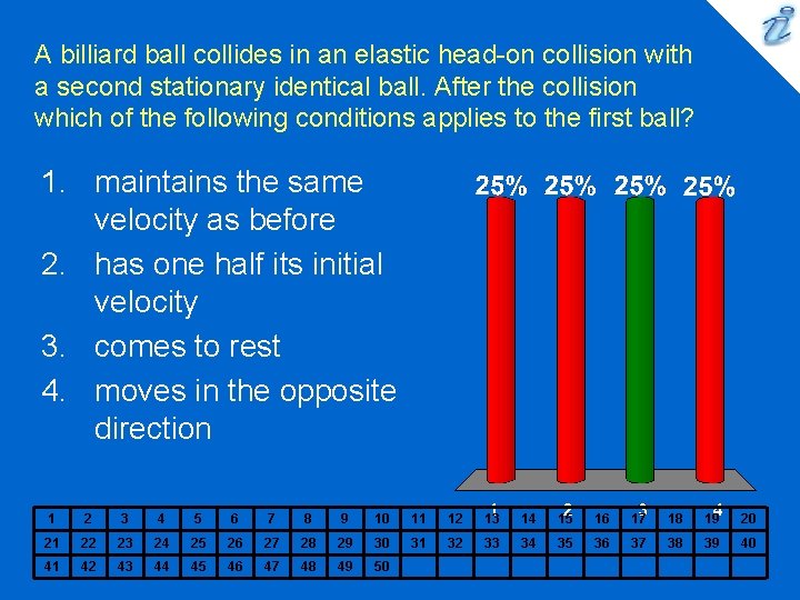 A billiard ball collides in an elastic head-on collision with a second stationary identical