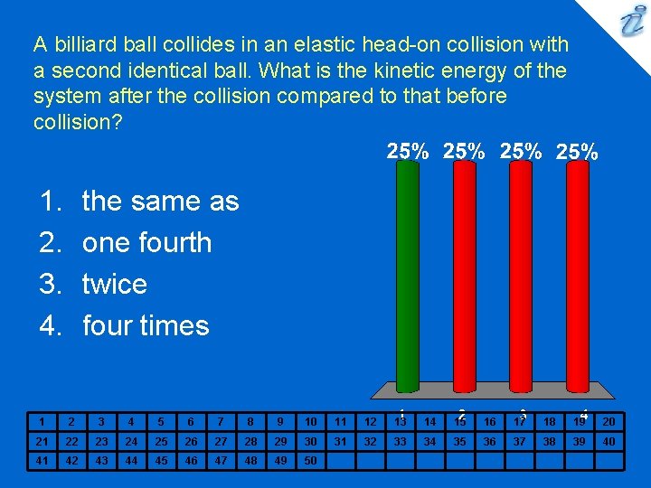 A billiard ball collides in an elastic head-on collision with a second identical ball.