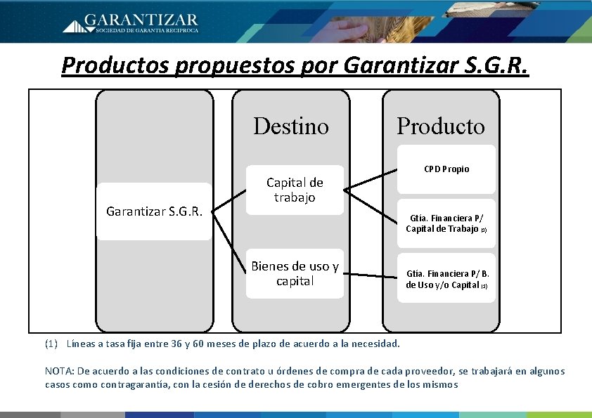Productos propuestos por Garantizar S. G. R. Destino Garantizar S. G. R. Producto Capital