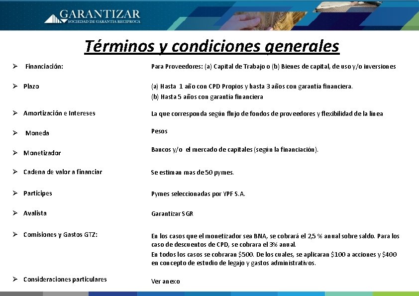 Términos y condiciones generales Ø Financiación: Para Proveedores: (a) Capital de Trabajo o (b)