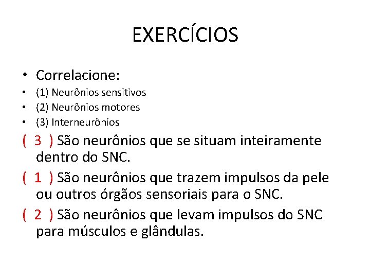 EXERCÍCIOS • Correlacione: • (1) Neurônios sensitivos • (2) Neurônios motores • (3) Interneurônios