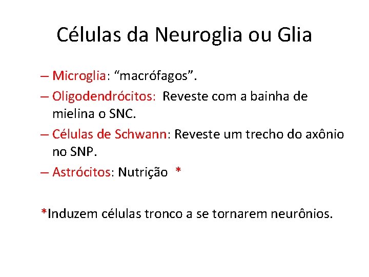 Células da Neuroglia ou Glia – Microglia: “macrófagos”. – Oligodendrócitos: Reveste com a bainha