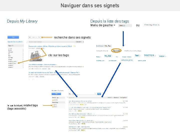 Naviguer dans ses signets Depuis My Library Depuis la liste des tags Menu de