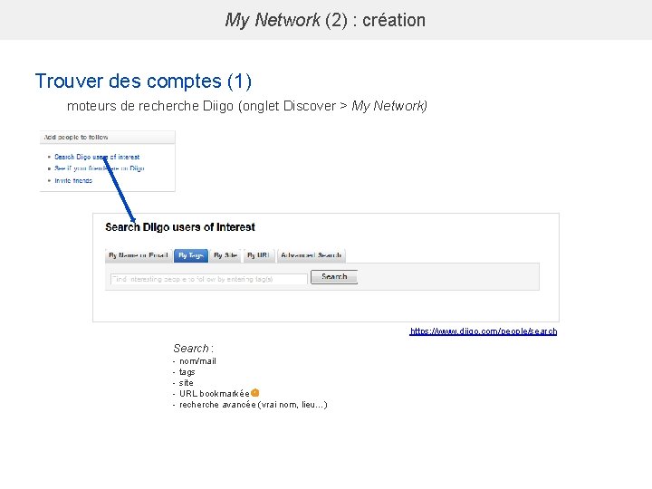 My Network (2) : création Trouver des comptes (1) moteurs de recherche Diigo (onglet