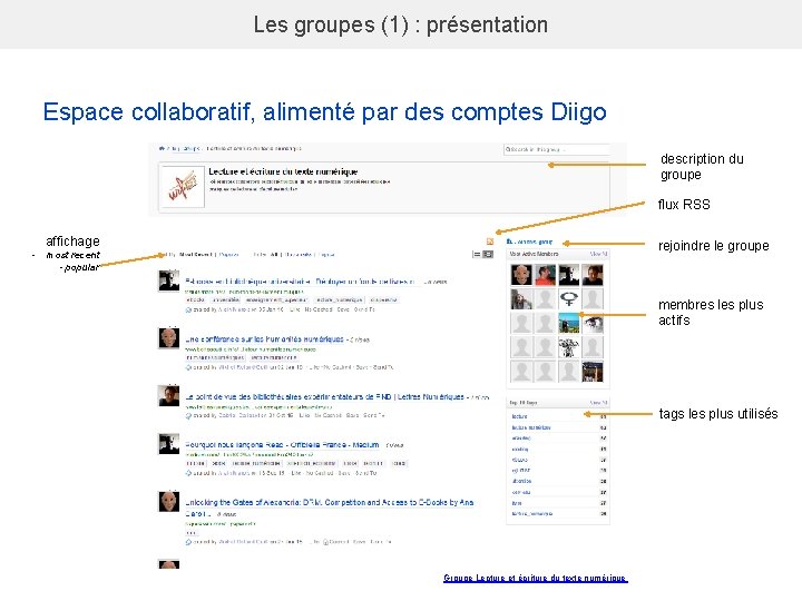 Les groupes (1) : présentation Espace collaboratif, alimenté par des comptes Diigo description du