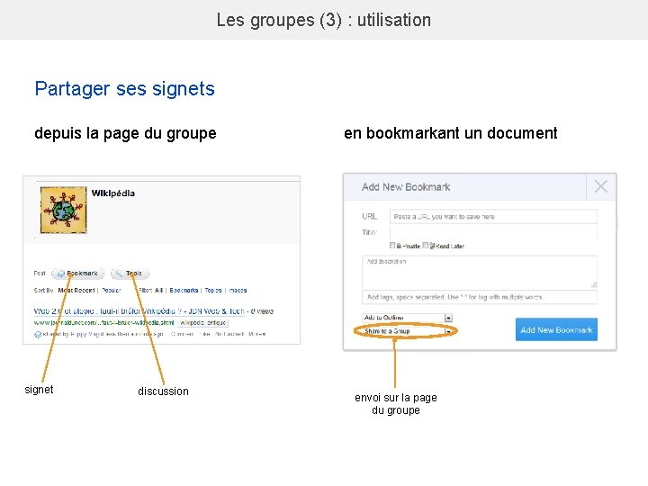 Les groupes (3) : utilisation Partager ses signets depuis la page du groupe signet