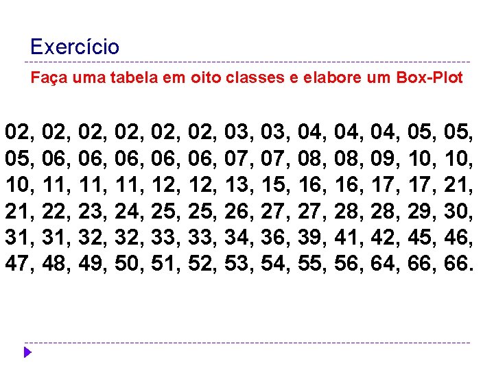 Exercício Faça uma tabela em oito classes e elabore um Box-Plot 02, 02, 02, Exercício Faça uma tabela em oito classes e elabore um Box-Plot 02, 02, 02,