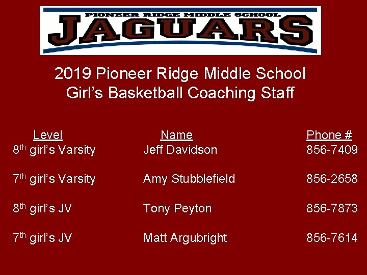2019 Pioneer Ridge Middle School Girl’s Basketball Coaching Staff Level 8 th girl’s Varsity