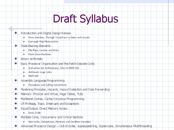 Draft Syllabus Introduction and Digital Design Review From Switches, Through Transistors to Gates and