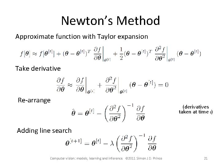 Newton’s Method Approximate function with Taylor expansion Take derivative Re-arrange (derivatives taken at time