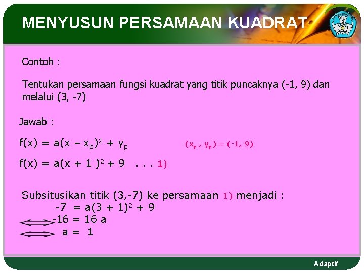 MENYUSUN PERSAMAAN KUADRAT Contoh : Tentukan persamaan fungsi kuadrat yang titik puncaknya (-1, 9)