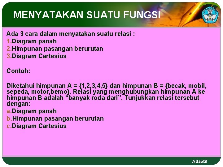 MENYATAKAN SUATU FUNGSI Ada 3 cara dalam menyatakan suatu relasi : 1. Diagram panah