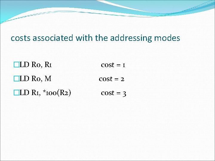 costs associated with the addressing modes �LD R 0, R 1 cost = 1