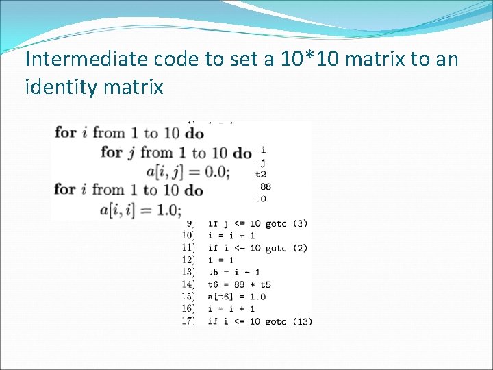 Intermediate code to set a 10*10 matrix to an identity matrix 