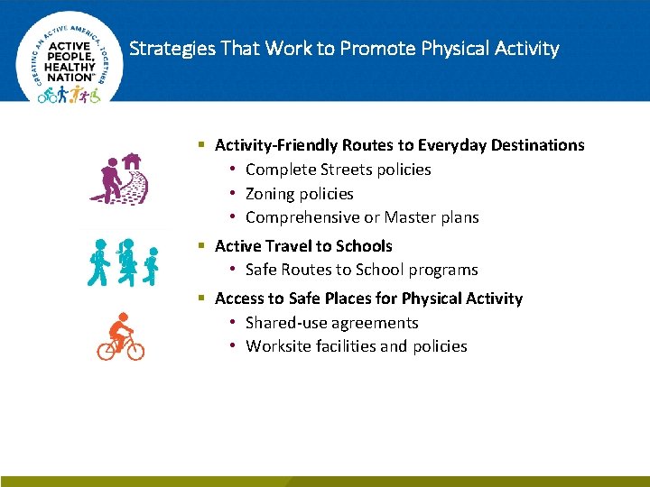 Strategies That Work to Promote Physical Activity § Activity-Friendly Routes to Everyday Destinations •