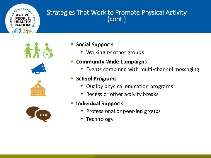 Strategies That Work to Promote Physical Activity (cont. ) § Social Supports • Walking