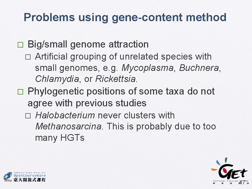 Problems using gene-content method � Big/small genome attraction � � Artificial grouping of unrelated