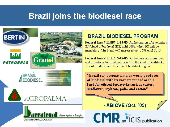 Brazil joins the biodiesel race BRAZIL BIODIESEL PROGRAM Federal Law # 11. 097, 1