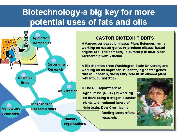 Biotechnology-a big key for more potential uses of fats and oils CASTOR BIOTECH TIDBITS