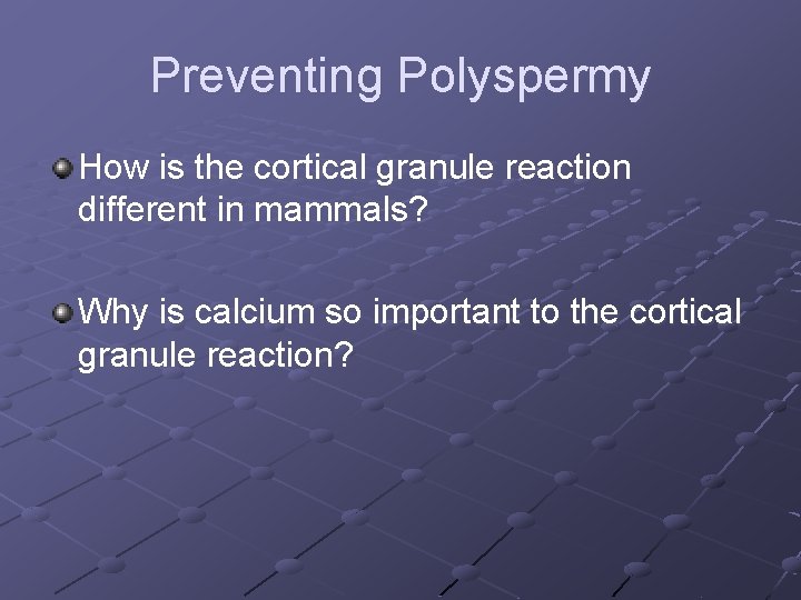 Preventing Polyspermy How is the cortical granule reaction different in mammals? Why is calcium