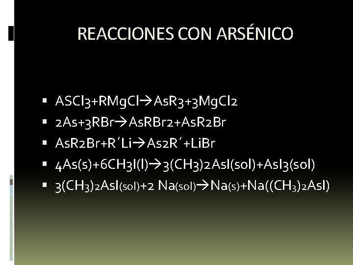 REACCIONES CON ARSÉNICO ASCl 3+RMg. Cl As. R 3+3 Mg. Cl 2 2 As+3 REACCIONES CON ARSÉNICO ASCl 3+RMg. Cl As. R 3+3 Mg. Cl 2 2 As+3