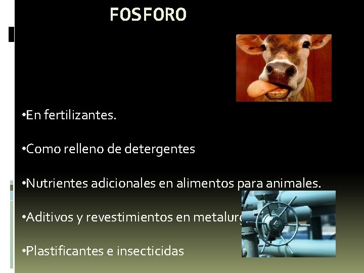 FOSFORO • En fertilizantes. • Como relleno de detergentes • Nutrientes adicionales en alimentos