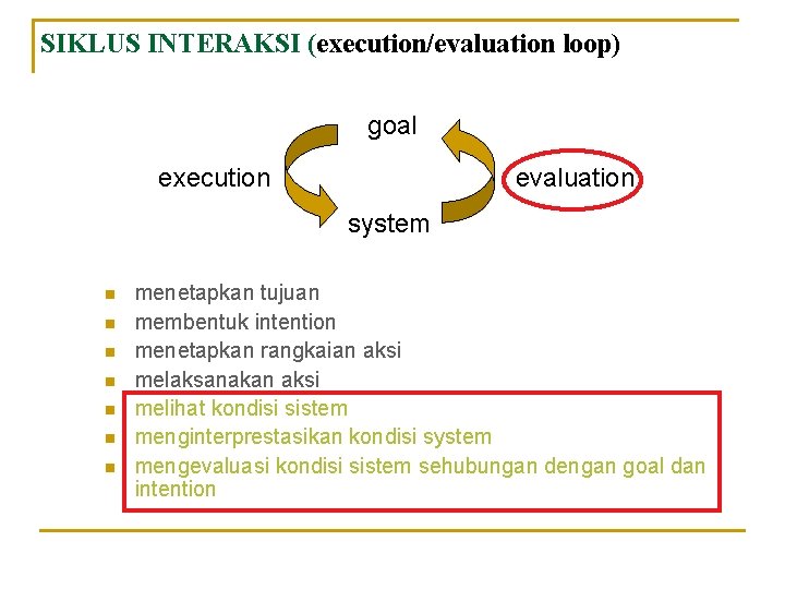 SIKLUS INTERAKSI (execution/evaluation loop) goal execution evaluation system n n n n menetapkan tujuan