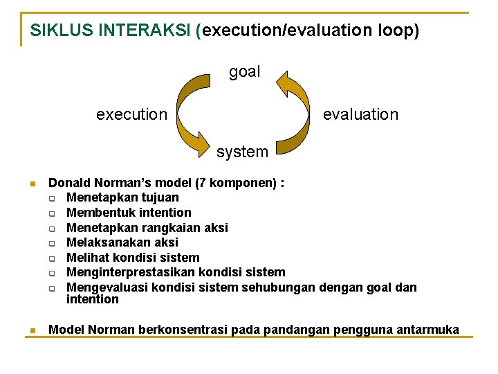 SIKLUS INTERAKSI (execution/evaluation loop) goal execution evaluation system n Donald Norman’s model (7 komponen)