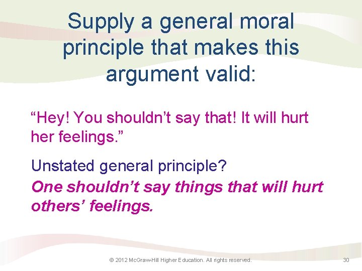 Supply a general moral principle that makes this argument valid: “Hey! You shouldn’t say