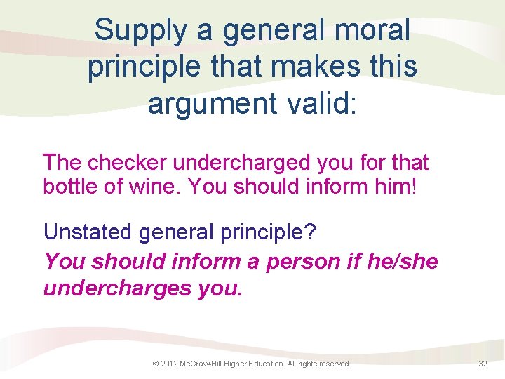 Supply a general moral principle that makes this argument valid: The checker undercharged you