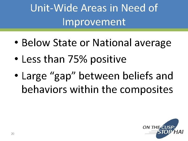 Unit-Wide Areas in Need of Improvement • Below State or National average • Less Unit-Wide Areas in Need of Improvement • Below State or National average • Less