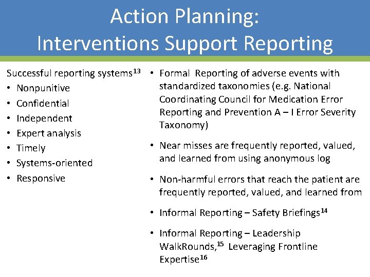 Action Planning: Interventions Support Reporting Successful reporting systems 13 • Formal Reporting of adverse Action Planning: Interventions Support Reporting Successful reporting systems 13 • Formal Reporting of adverse