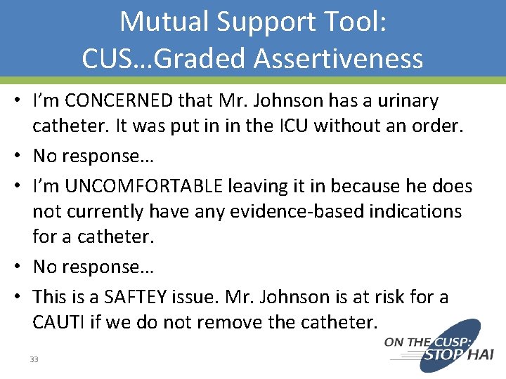 Mutual Support Tool: CUS…Graded Assertiveness • I’m CONCERNED that Mr. Johnson has a urinary Mutual Support Tool: CUS…Graded Assertiveness • I’m CONCERNED that Mr. Johnson has a urinary