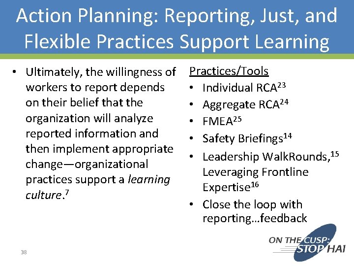 Action Planning: Reporting, Just, and Flexible Practices Support Learning • Ultimately, the willingness of Action Planning: Reporting, Just, and Flexible Practices Support Learning • Ultimately, the willingness of