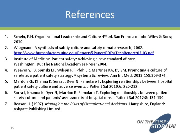 References 1. 2. 3. 4. 5. 6. 7. Schein, E. H. Organizational Leadership and References 1. 2. 3. 4. 5. 6. 7. Schein, E. H. Organizational Leadership and