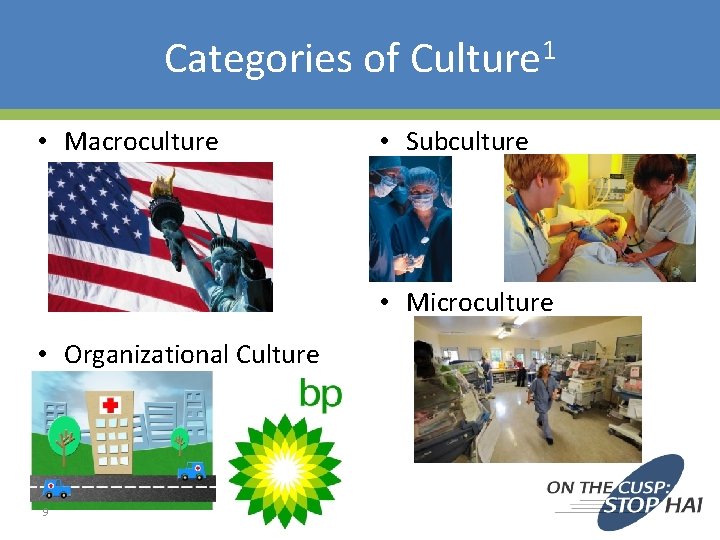 Categories of Culture 1 • Macroculture • Subculture • Microculture • Organizational Culture 9 Categories of Culture 1 • Macroculture • Subculture • Microculture • Organizational Culture 9