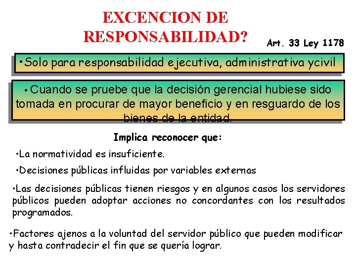 EXCENCION DE RESPONSABILIDAD? Art. 33 Ley 1178 • Solo para responsabilidad ejecutiva, administrativa ycivil