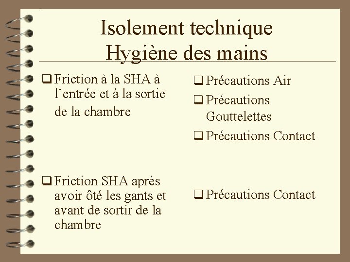 Isolement technique Hygiène des mains q Friction à la SHA à l’entrée et à