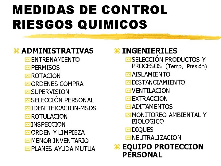 MEDIDAS DE CONTROL RIESGOS QUIMICOS z ADMINISTRATIVAS y ENTRENAMIENTO y PERMISOS y ROTACION y MEDIDAS DE CONTROL RIESGOS QUIMICOS z ADMINISTRATIVAS y ENTRENAMIENTO y PERMISOS y ROTACION y