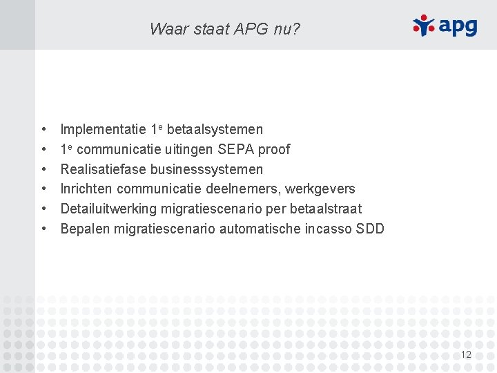 Waar staat APG nu? • • • Implementatie 1 e betaalsystemen 1 e communicatie