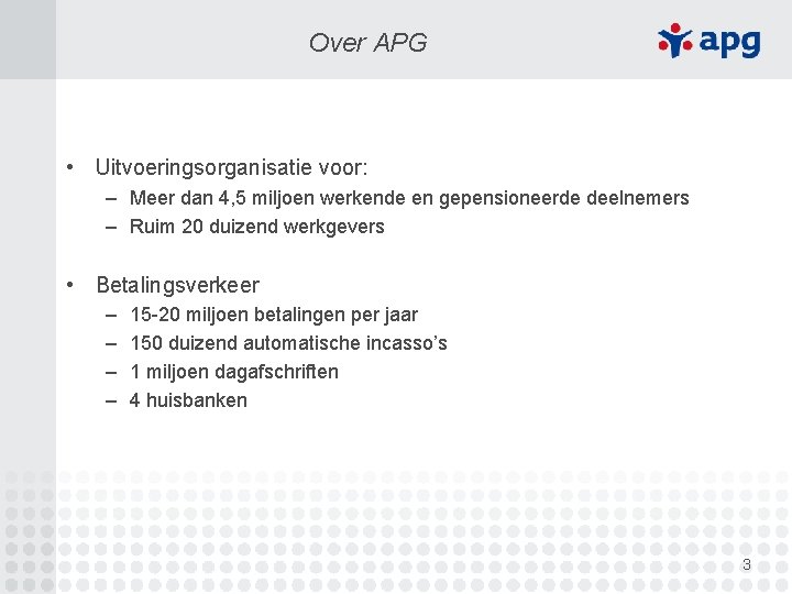 Over APG • Uitvoeringsorganisatie voor: – Meer dan 4, 5 miljoen werkende en gepensioneerde