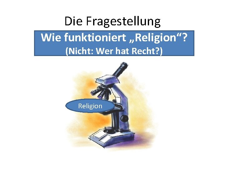 Die Fragestellung Wie funktioniert „Religion“? (Nicht: Wer hat Recht? ) Religion Die Fragestellung Wie funktioniert „Religion“? (Nicht: Wer hat Recht? ) Religion