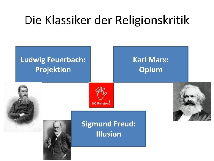 Die Klassiker der Religionskritik Ludwig Feuerbach: Projektion Karl Marx: Opium Sigmund Freud: Illusion 