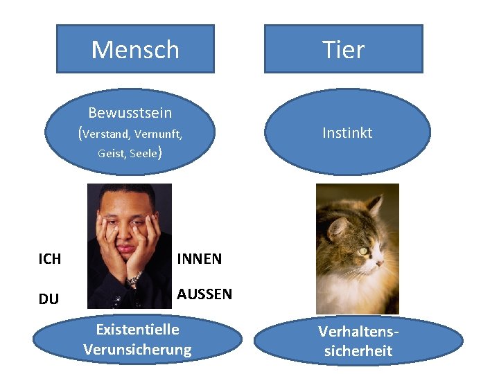 Mensch Bewusstsein (Verstand, Vernunft, Geist, Seele) ICH INNEN DU AUSSEN Existentielle Verunsicherung Tier Instinkt Mensch Bewusstsein (Verstand, Vernunft, Geist, Seele) ICH INNEN DU AUSSEN Existentielle Verunsicherung Tier Instinkt