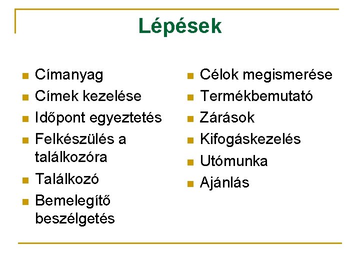 Lépések n n n Címanyag Címek kezelése Időpont egyeztetés Felkészülés a találkozóra Találkozó Bemelegítő