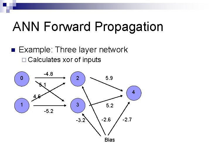 ANN Forward Propagation n Example: Three layer network ¨ Calculates -4. 8 0 xor