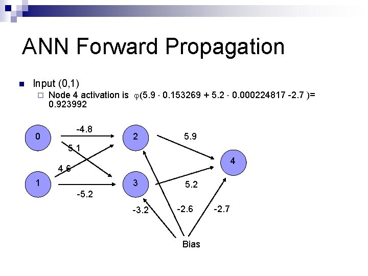 ANN Forward Propagation n Input (0, 1) ¨ Node 4 activation is (5. 9