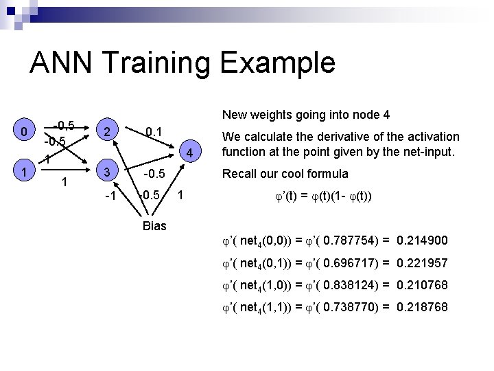 ANN Training Example 0 1 -0, 5 -0. 5 1 1 New weights going