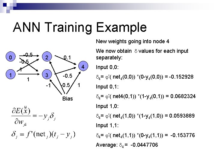 ANN Training Example New weights going into node 4 0 1 -0, 5 -0.